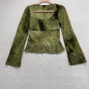 F A N G Y2k Blouse Womens Medium Green Paisley Bell Sleeve Sheer Embroidered